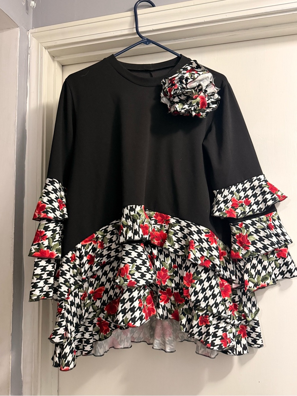 Black Two-Piece Dress Set with Floral Houndstooth Ruffle Trim - Picture 2 of 4